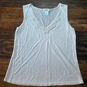 Talbots Sleeveless Beaded Top Viscose Lyocell‎ Cream Tank Top Women's L